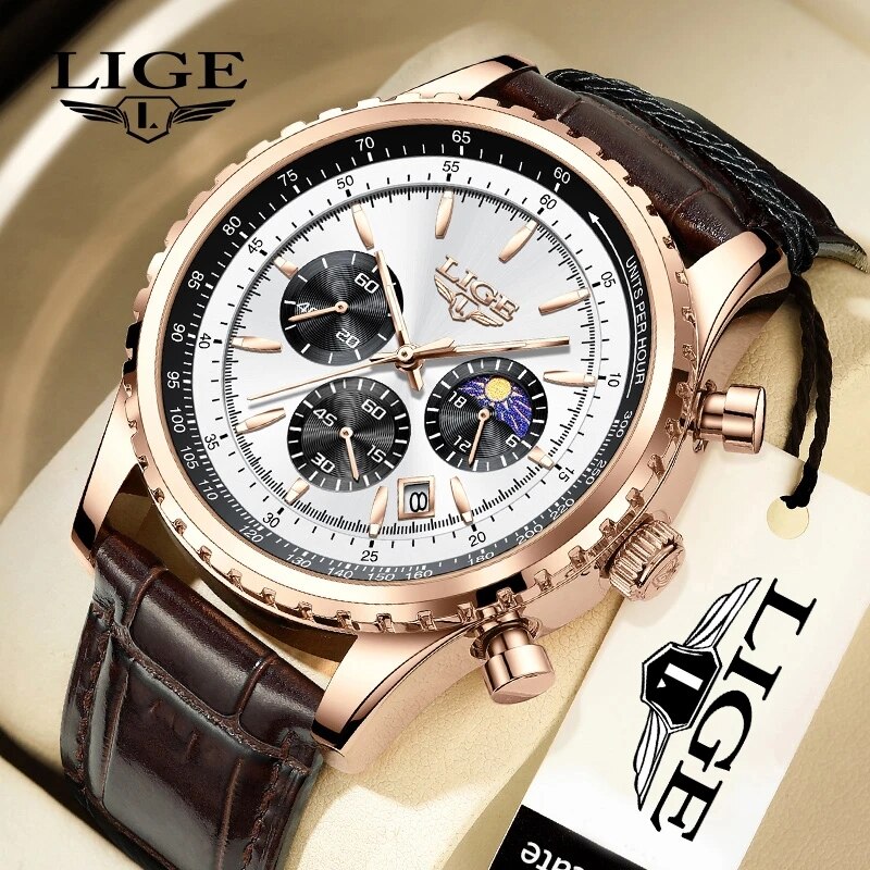 Luxury Bags Brands List - LIGE 남성용 가죽 쿼츠 손목 시계,